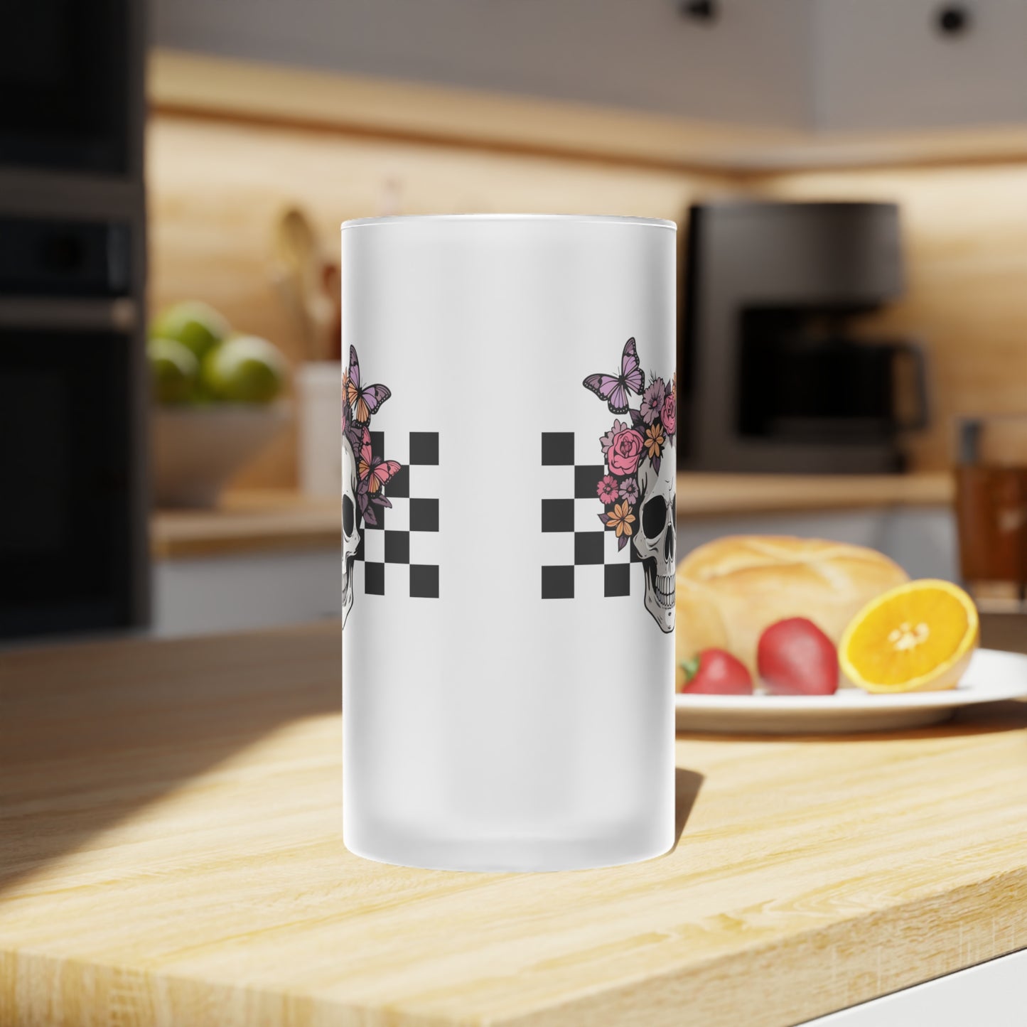 Floral Skeleton Head Hallowen/ Fall Logo Frosted Glass Beer Mug
