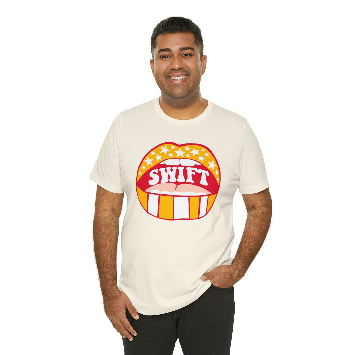 Swift Red, Yellow and White Lips Bella Jersey Short Sleeve Tee (Unisex)