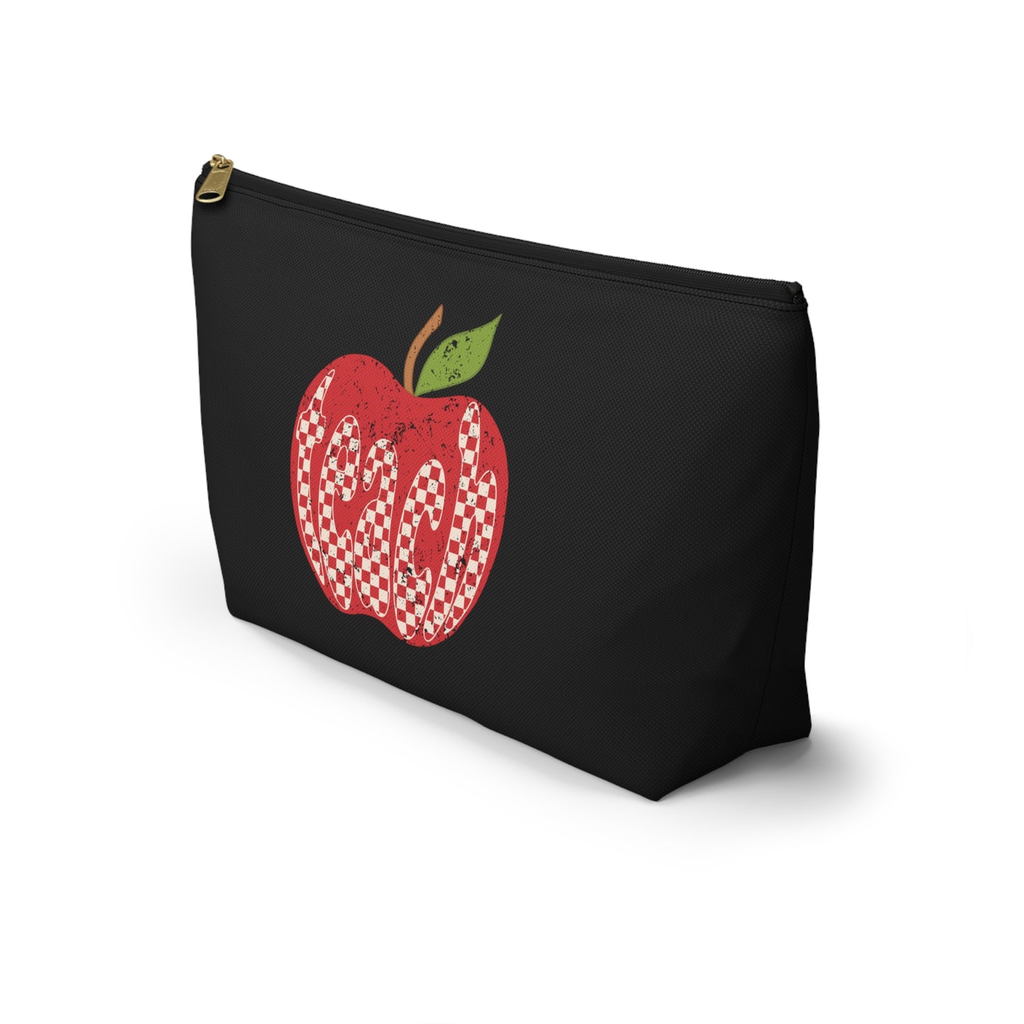 Distressed Teacher Checkered Apple Print Design Accessory Pouch w T-bottom - Black