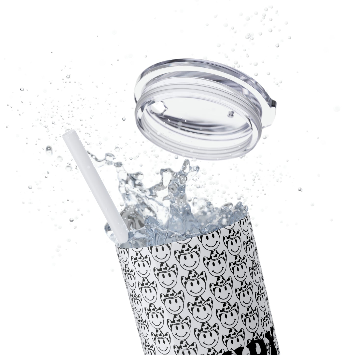 Howdy Howdy Howdy Smiley Face with Cowboy Hat Skinny Tumbler with Straw, 20oz