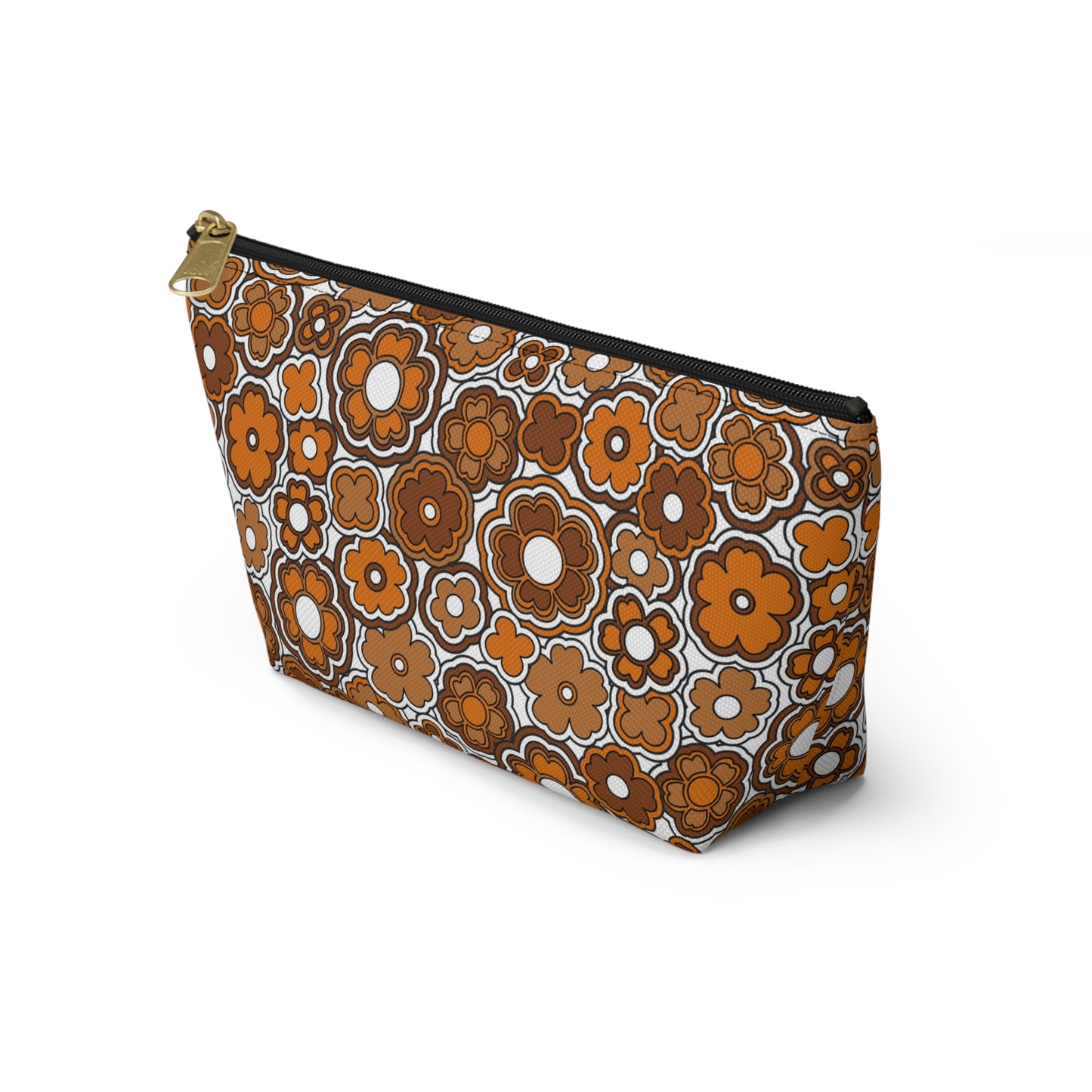 Flower Power Retro Brown Print Accessory Pouch w T-bottom