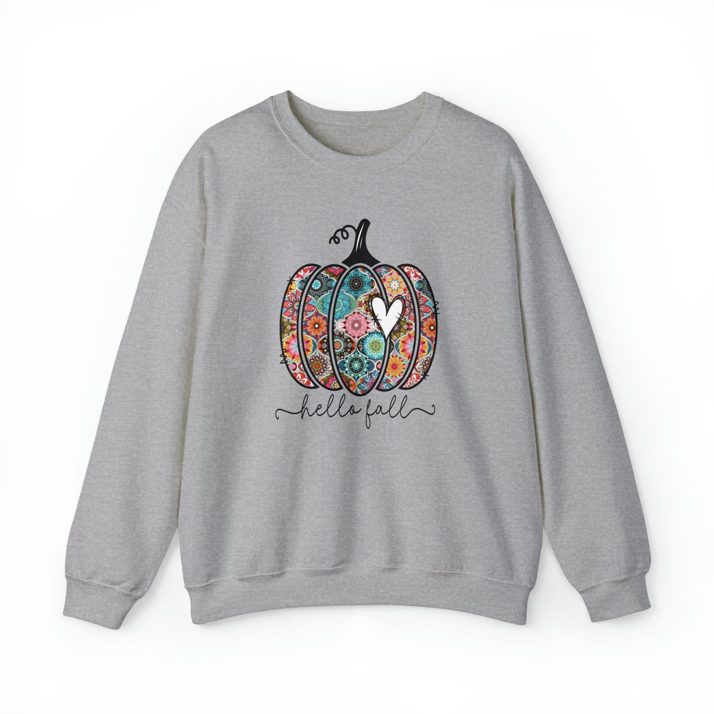 Hello Fall Print Pumpkin Fall Halloween Retro Warm Colored Unisex Heavy Blend™ Crewneck Sweatshirt