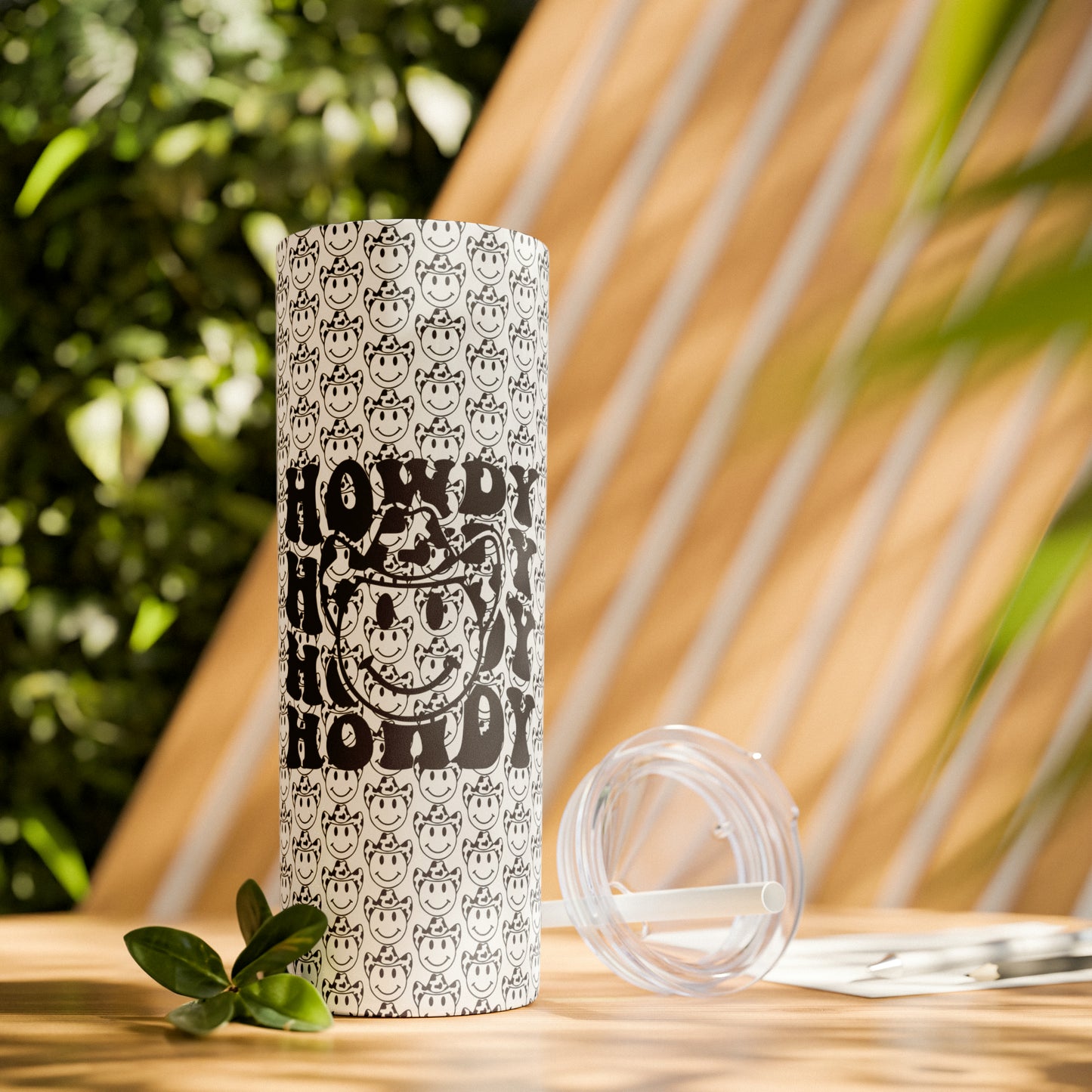 Howdy Howdy Howdy Smiley Face with Cowboy Hat Skinny Tumbler with Straw, 20oz