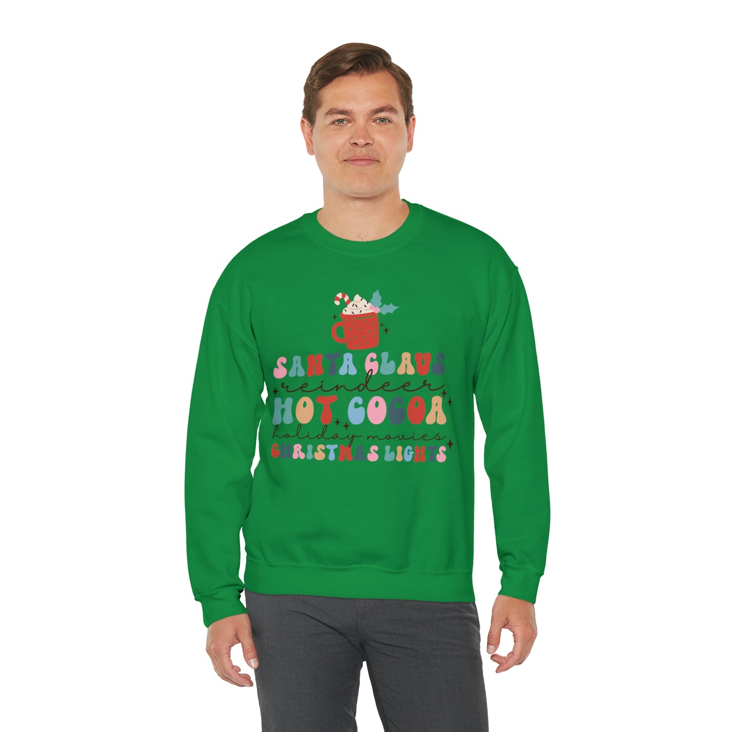 Santa Claus Reindeer Hot Cocoa Christmas Lights Heavyweight Crewneck Sweatshirt