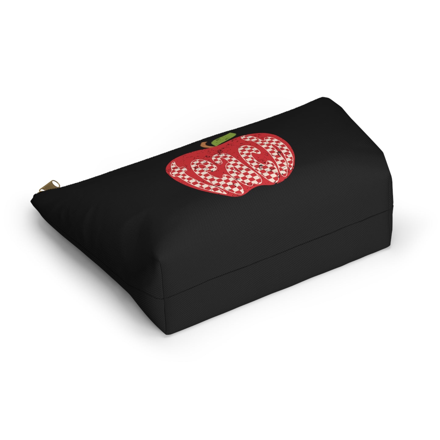 Distressed Teacher Checkered Apple Print Design Accessory Pouch w T-bottom - Black