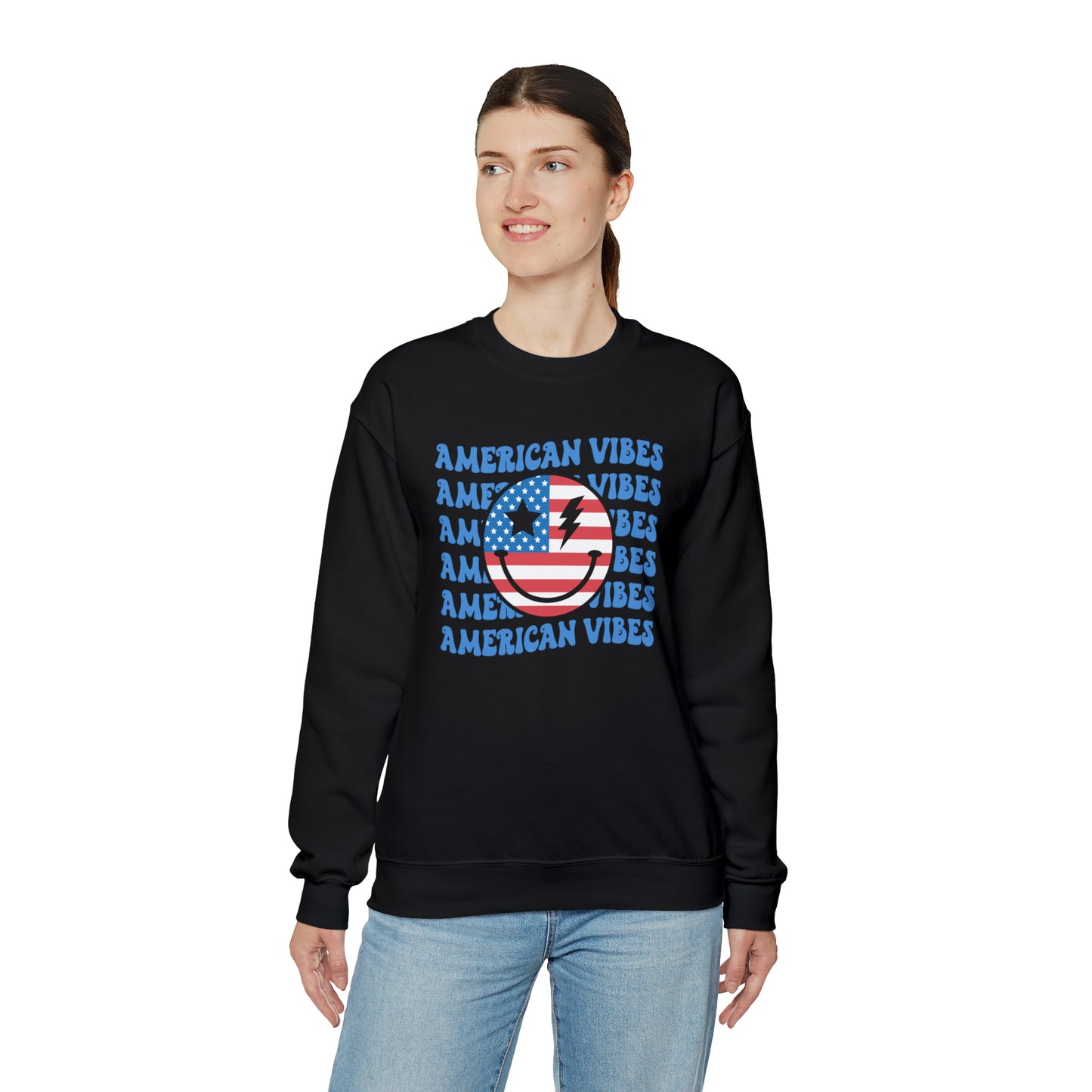 USA American Vibes Flag Smiley Face Heavy Blend™ Crewneck Sweatshirt