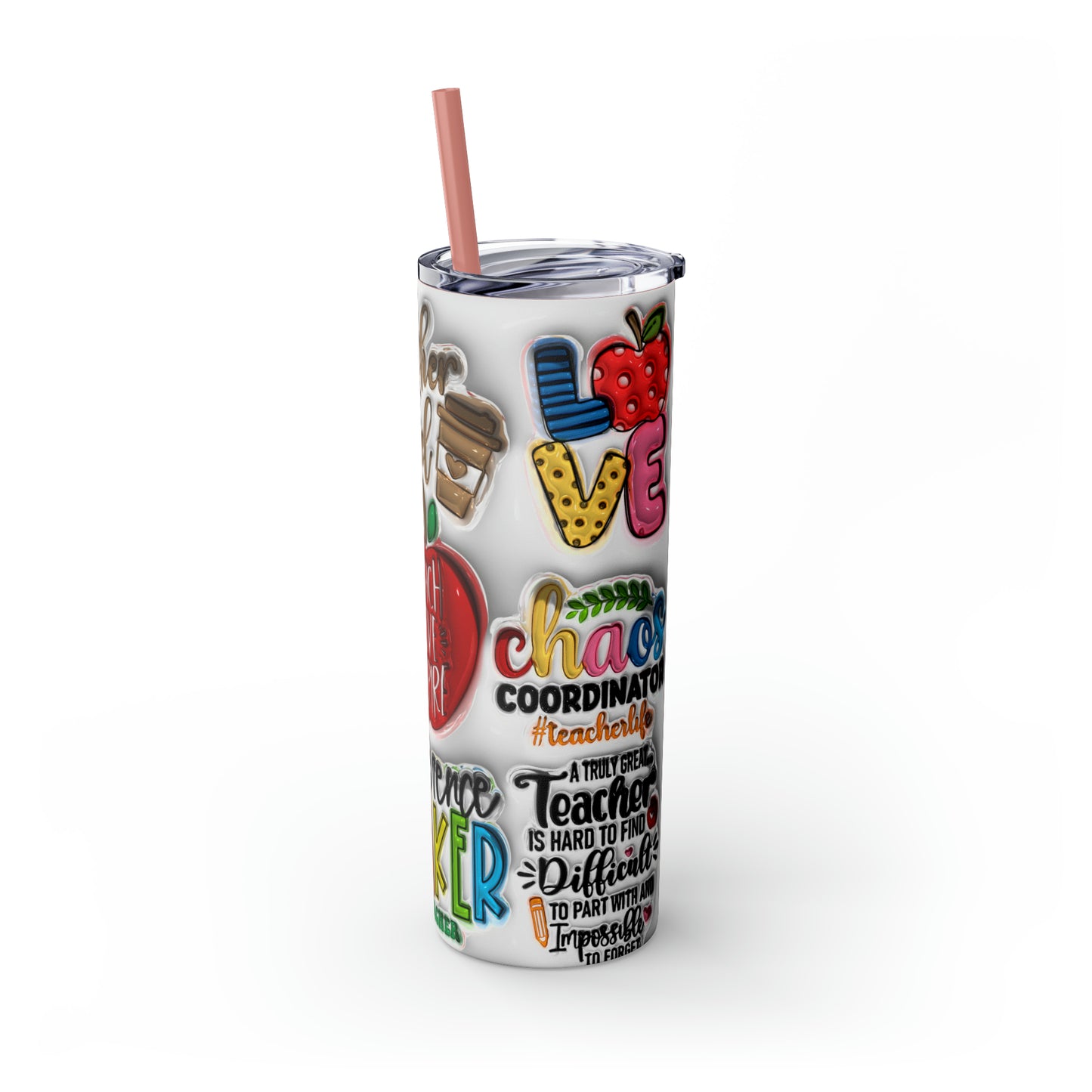 A+ Teacher Quotes Collage Skinny Tumbler with Straw, 20oz