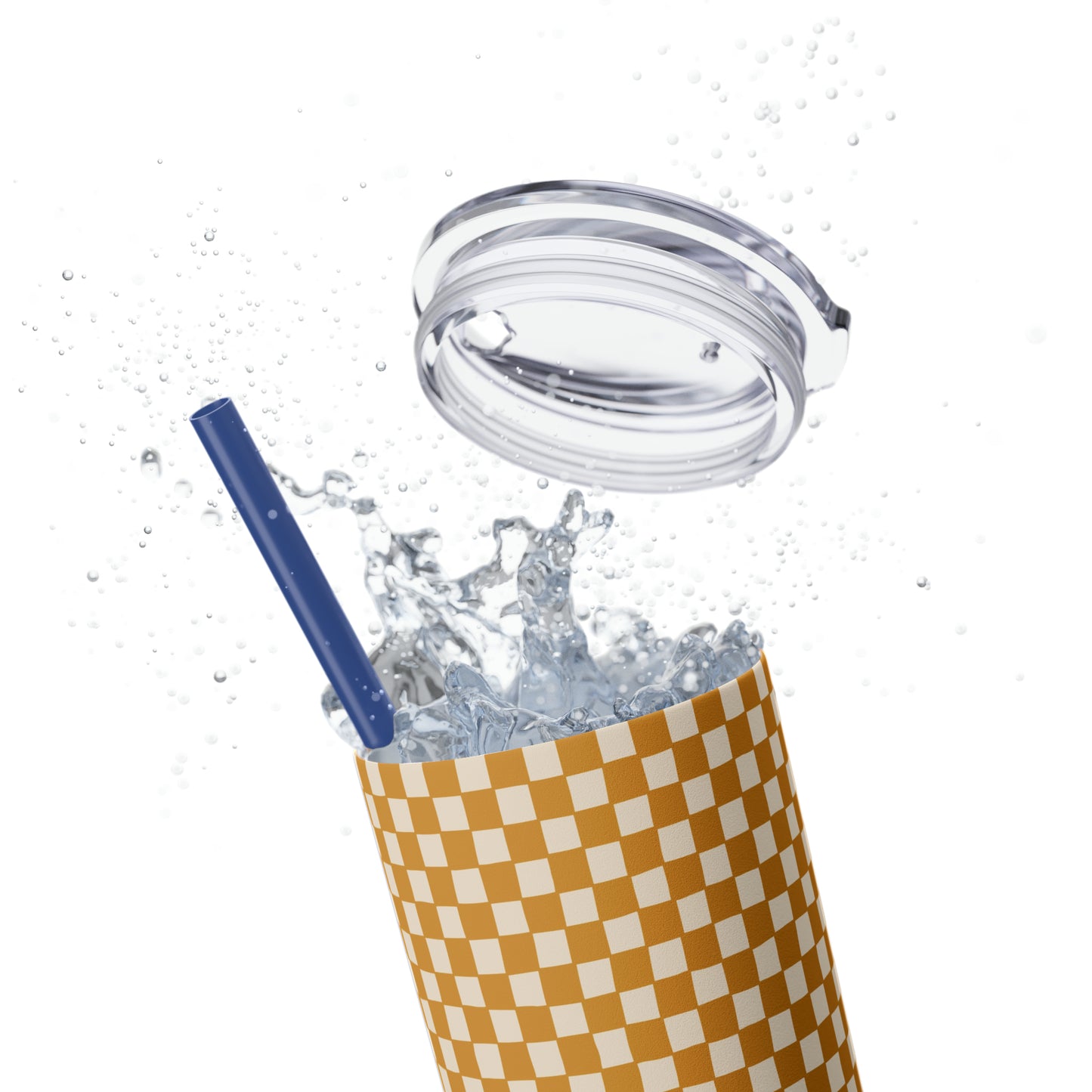 Boho Golden Checkerboard Print Skinny Tumbler with Straw, 20oz