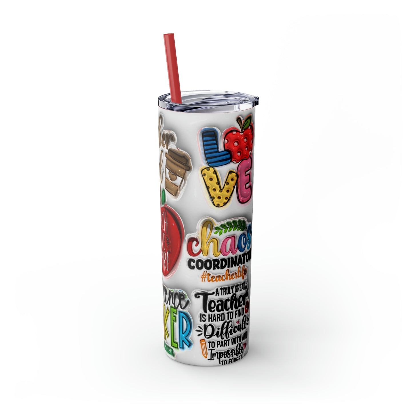 A+ Teacher Quotes Collage Skinny Tumbler with Straw, 20oz