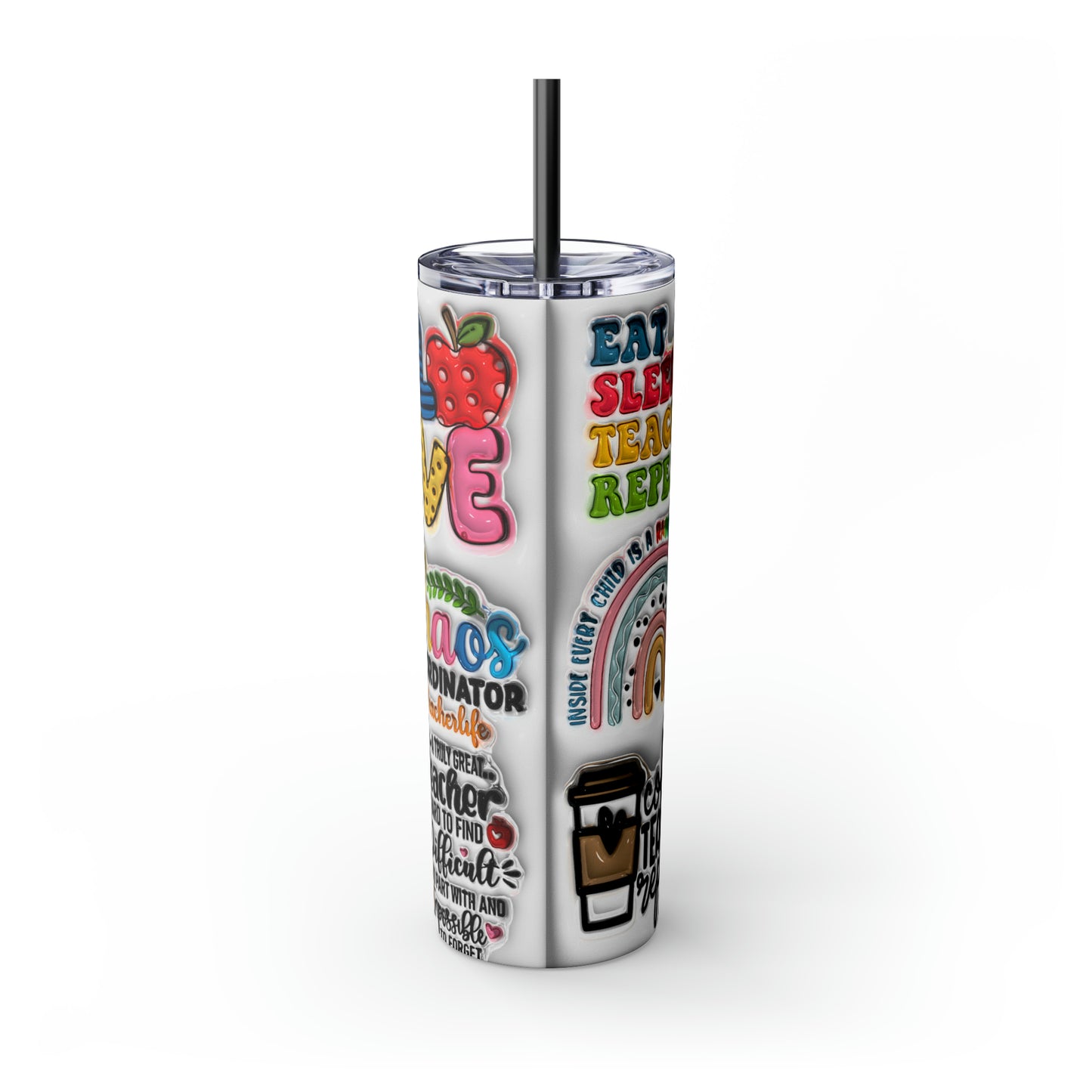 A+ Teacher Quotes Collage Skinny Tumbler with Straw, 20oz