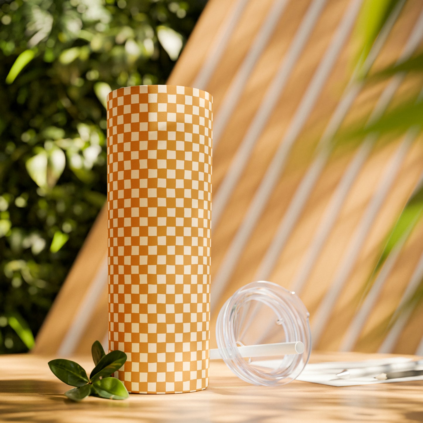 Boho Golden Checkerboard Print Skinny Tumbler with Straw, 20oz