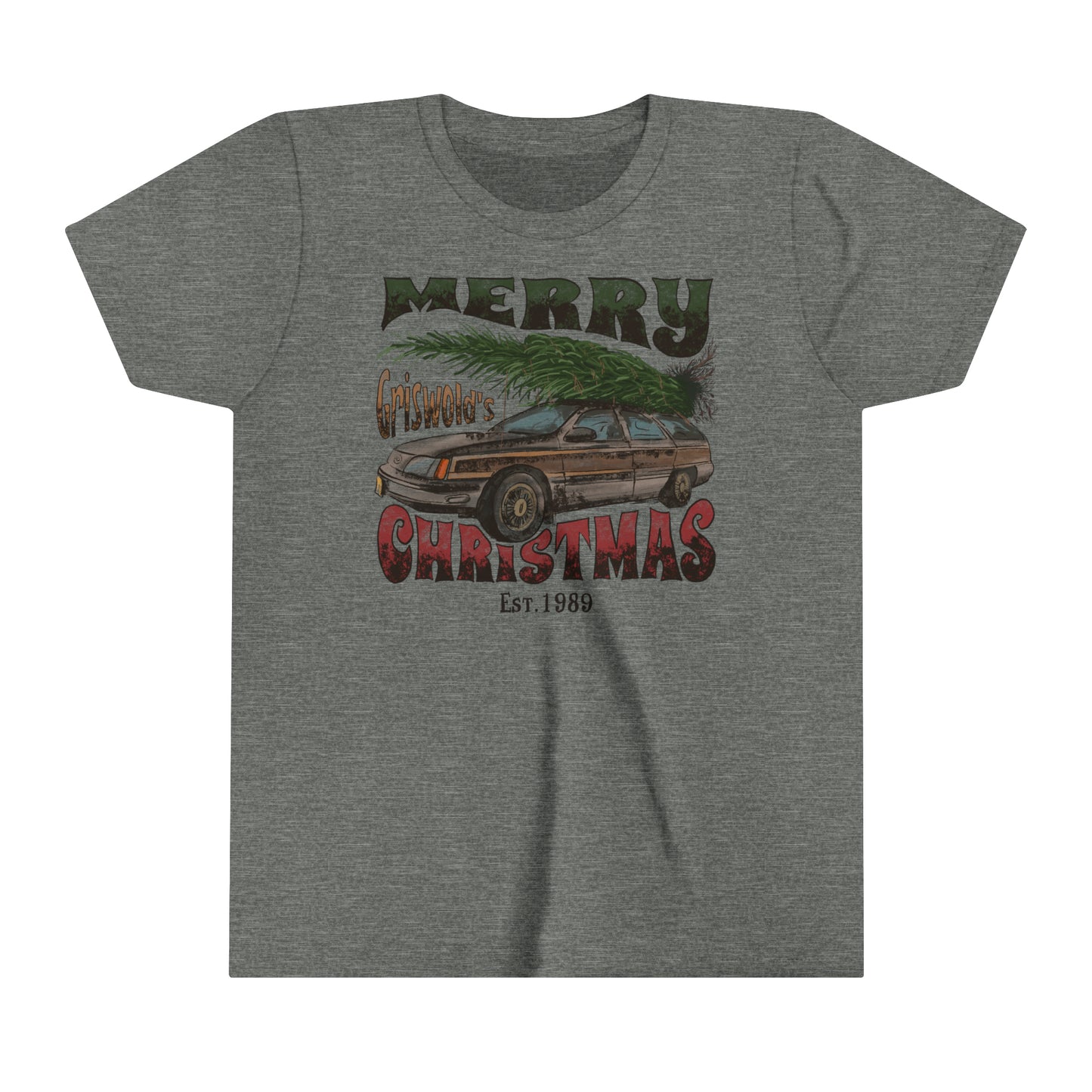 YOUTH - Distressed Griswold's Christmas Tree Station Wagon HolidayYouth Short Sleeve Tee