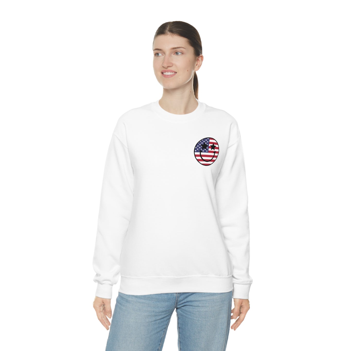 "Land of the Free Because of the Brave with Smiley Face Front" (Front & Back Design) - Unisex Heavy Blend™ Crewneck Sweatshirt
