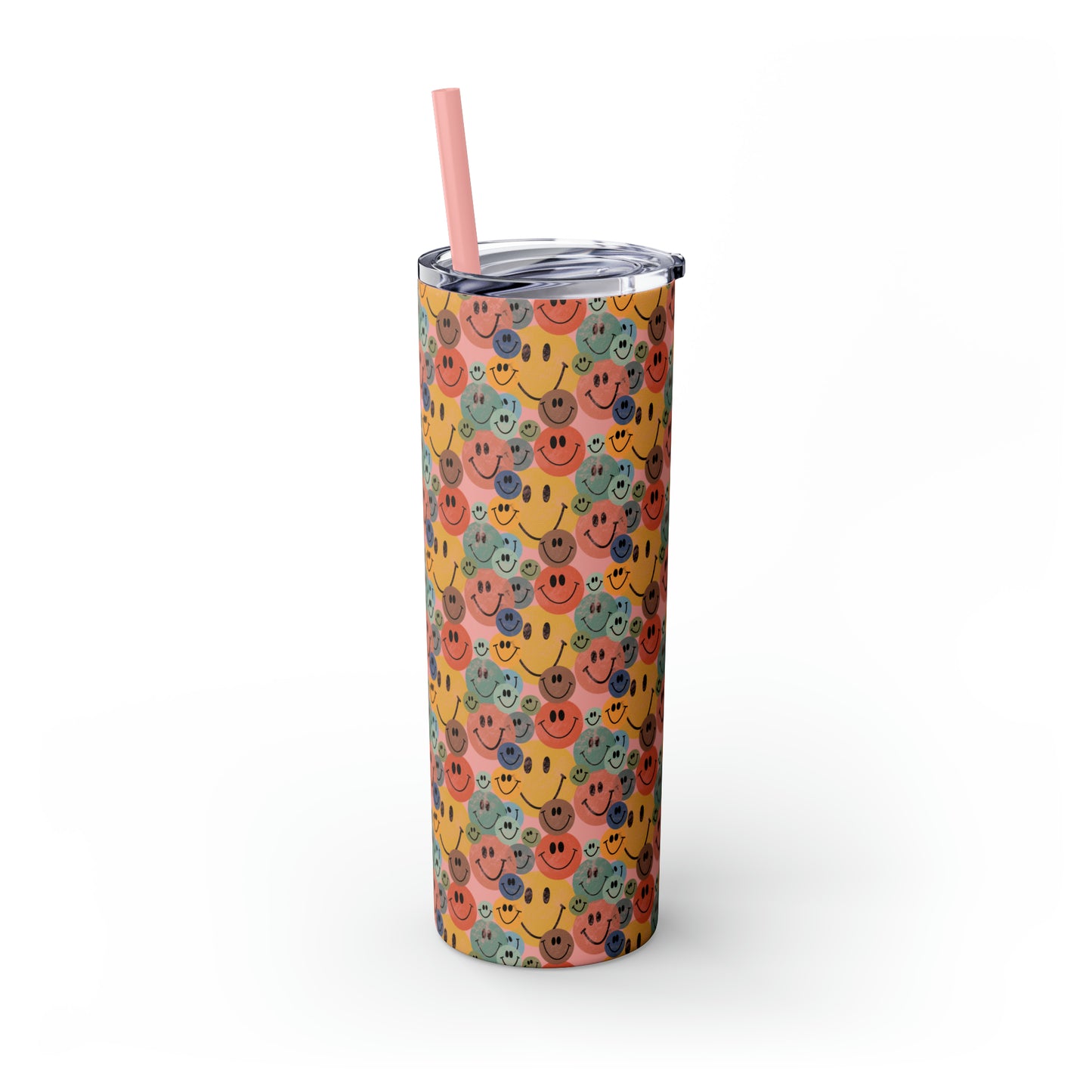 Old School Smiley Face Stickers Patterned Skinny Tumbler with Straw, 20oz