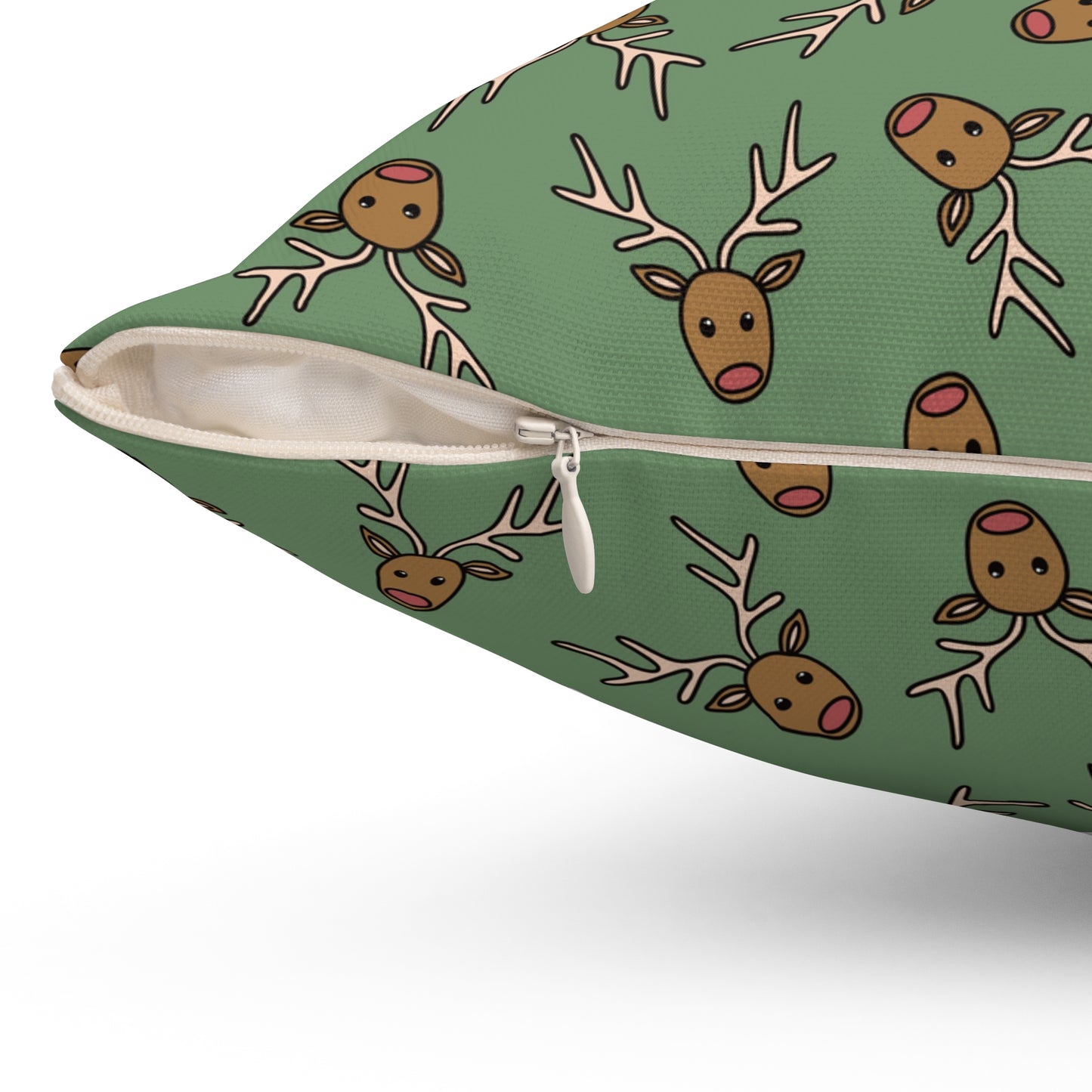 Reindeer Pattern on Sage Green Polyester Square Pillow