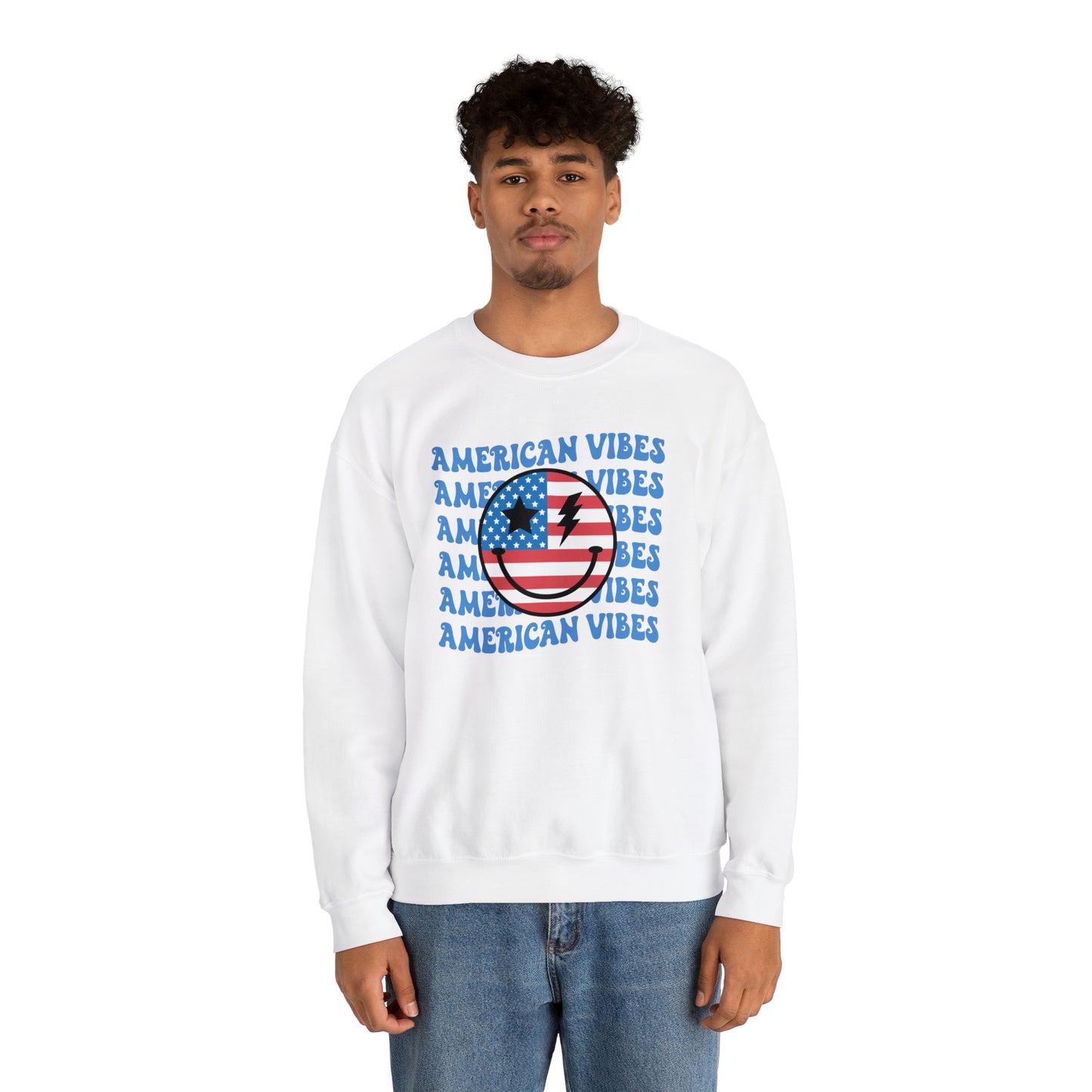 USA American Vibes Flag Smiley Face Heavy Blend™ Crewneck Sweatshirt