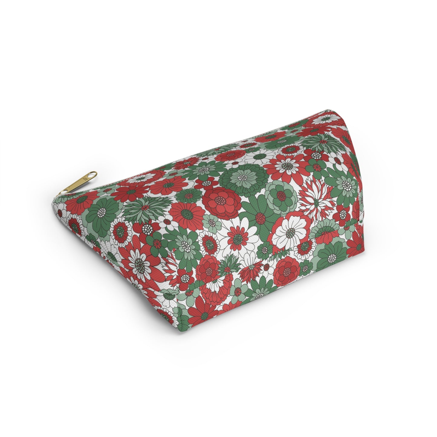 Retro Floral Christmas Red and Green Print Design Accessory Pouch w T-bottom