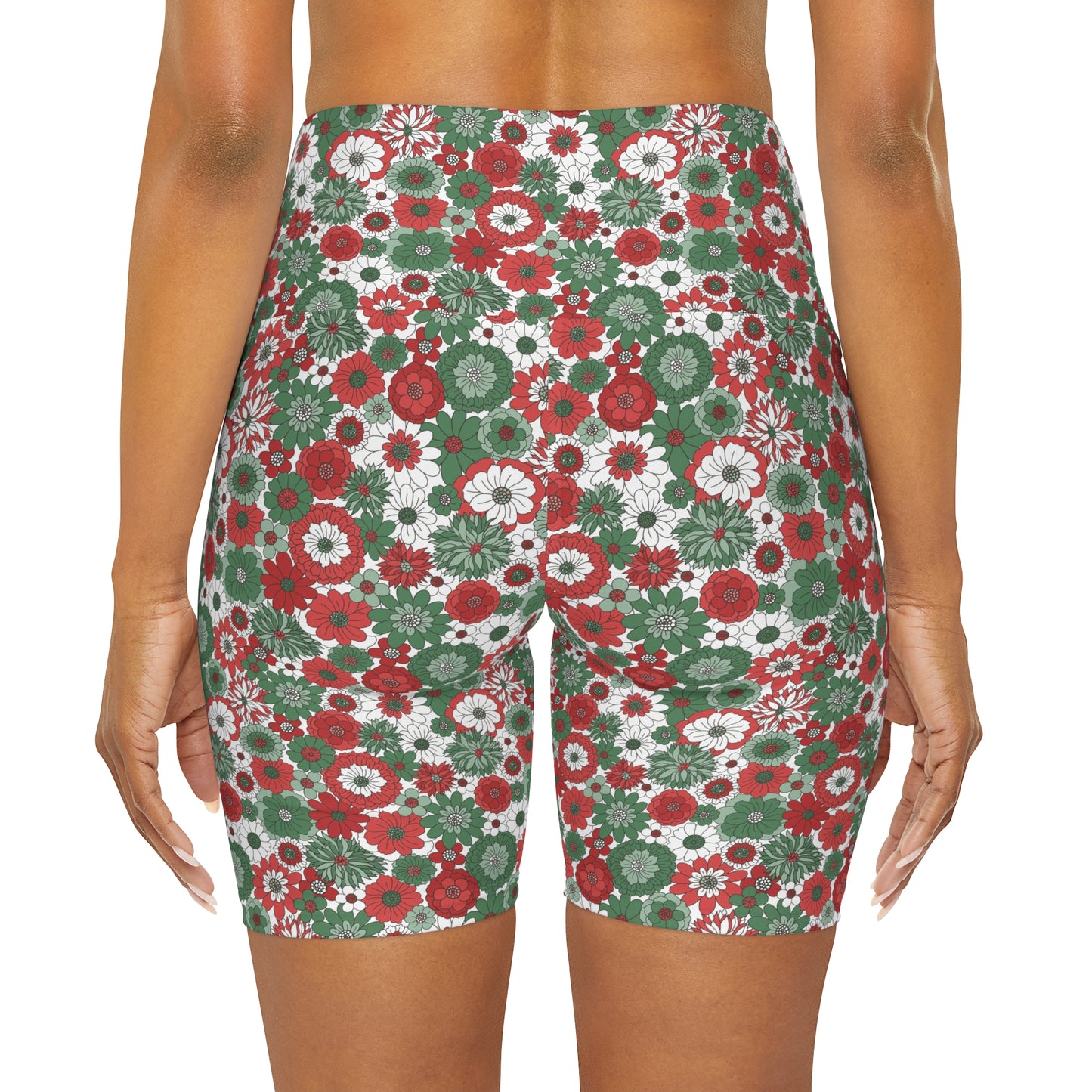 Retro Floral Christmas Holiday Yoga Shorts