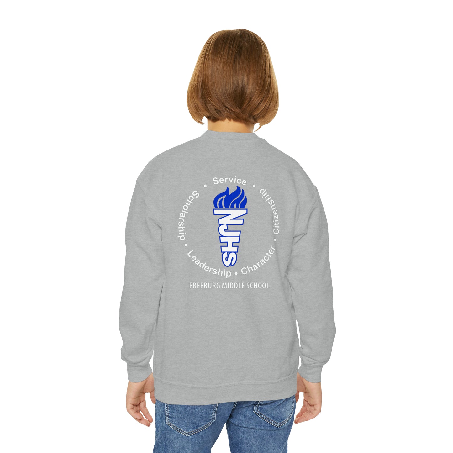 YOUTH - Front and Back Design - National Junior Honor Society Royal Torch (front) and Circular Character Torch (back) Youth Crewneck Sweatshirt