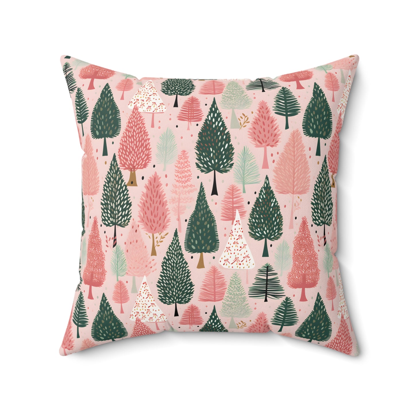 Boho Pink and Green Christmas Tree Print/ Holiday Polyester Square Pillow