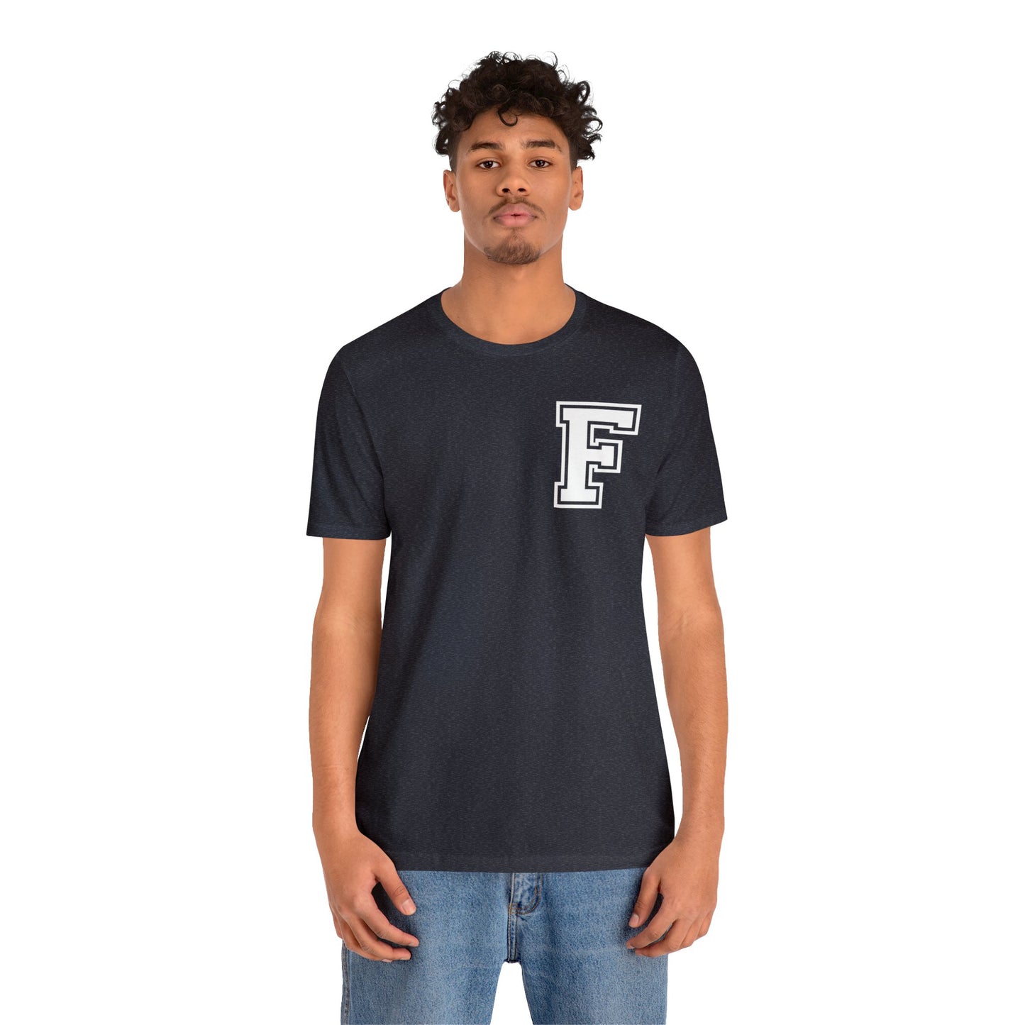 Front and Back Design - Varsity F Vertical Freeburg Midgets Logo Bella Jersey Short Sleeve Tee (Unisex)