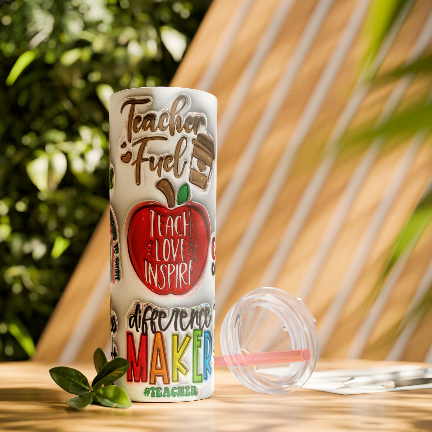 A+ Teacher Quotes Collage Skinny Tumbler with Straw, 20oz