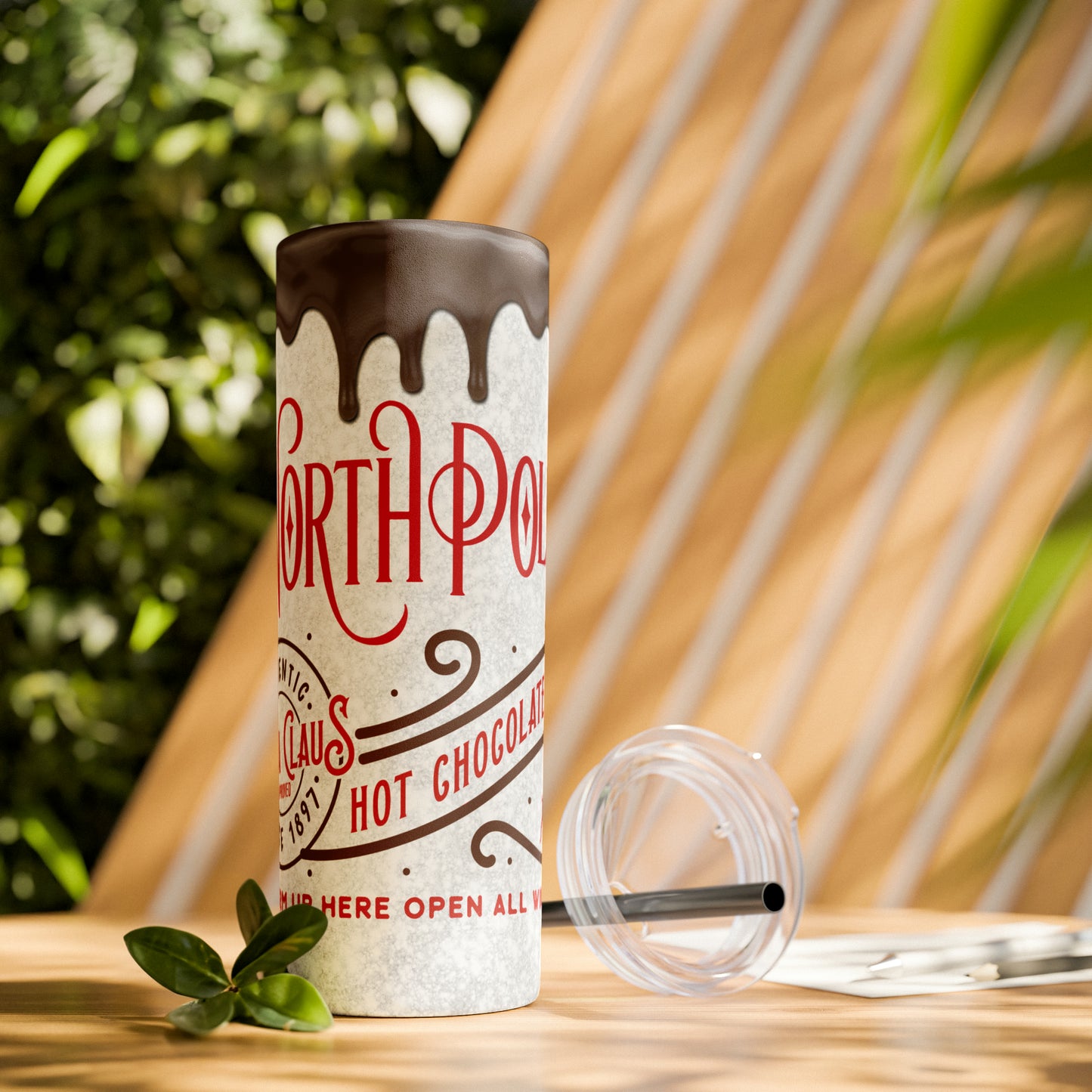 North Pole Santa Claus Hot Chocolate Co. Christmas/ Holiday Skinny Tumbler with Straw, 20oz