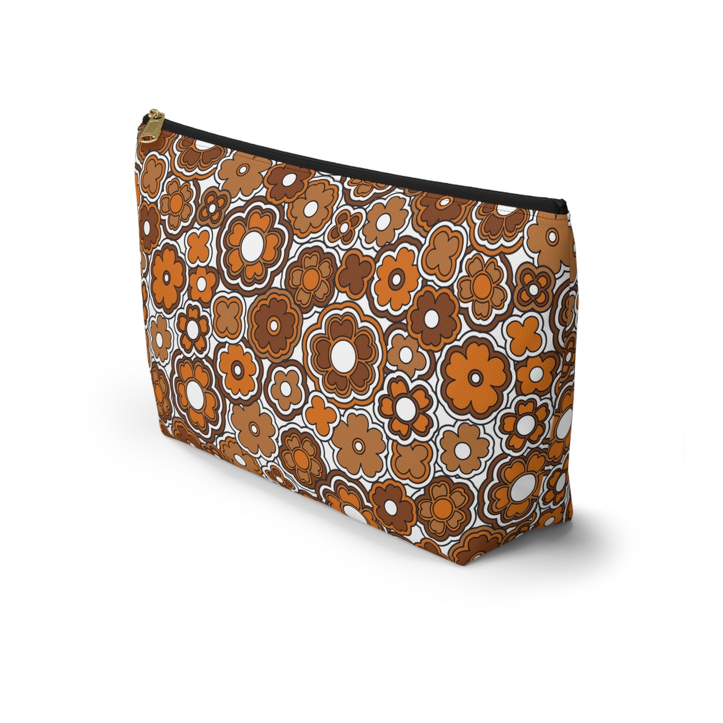Flower Power Retro Brown Print Accessory Pouch w T-bottom
