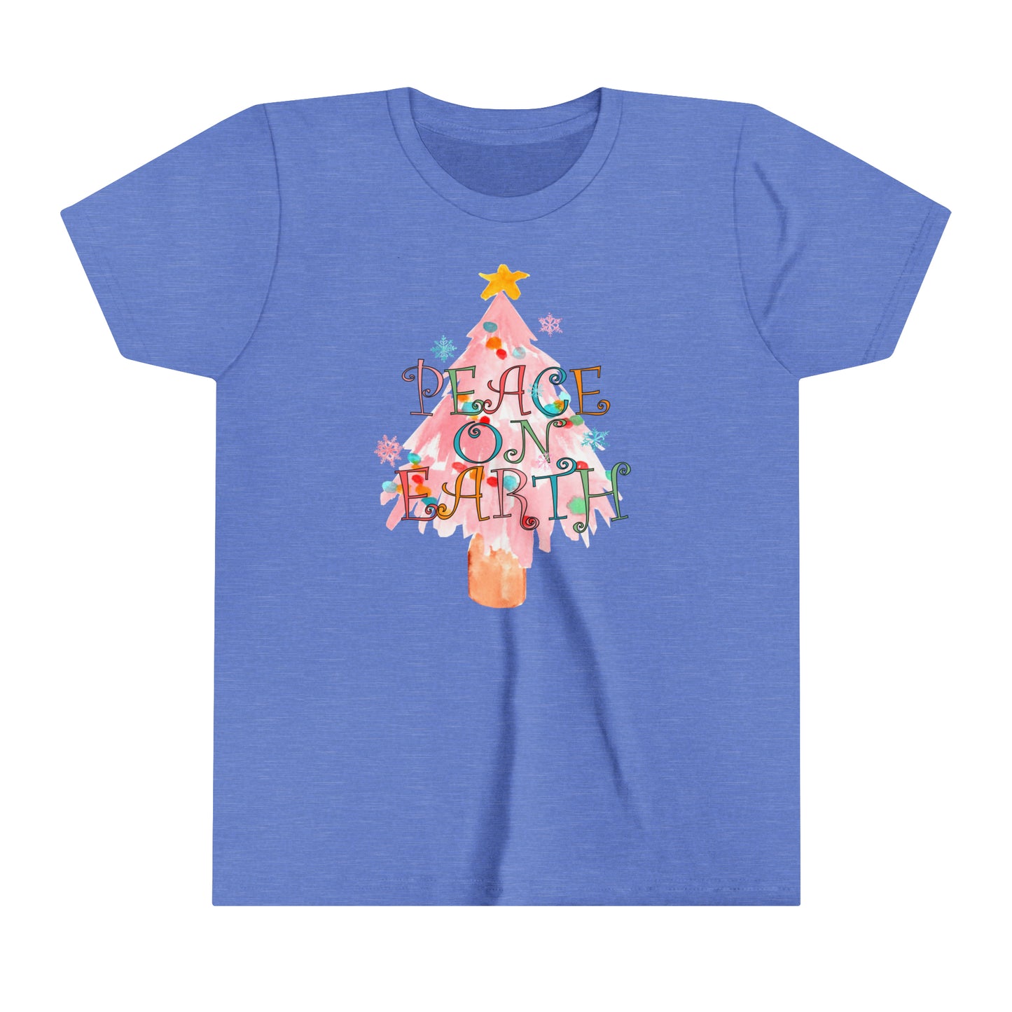 YOUTH - Peace on Earth Pink Christmas Tree/ Holiday Youth Short Sleeve Tee