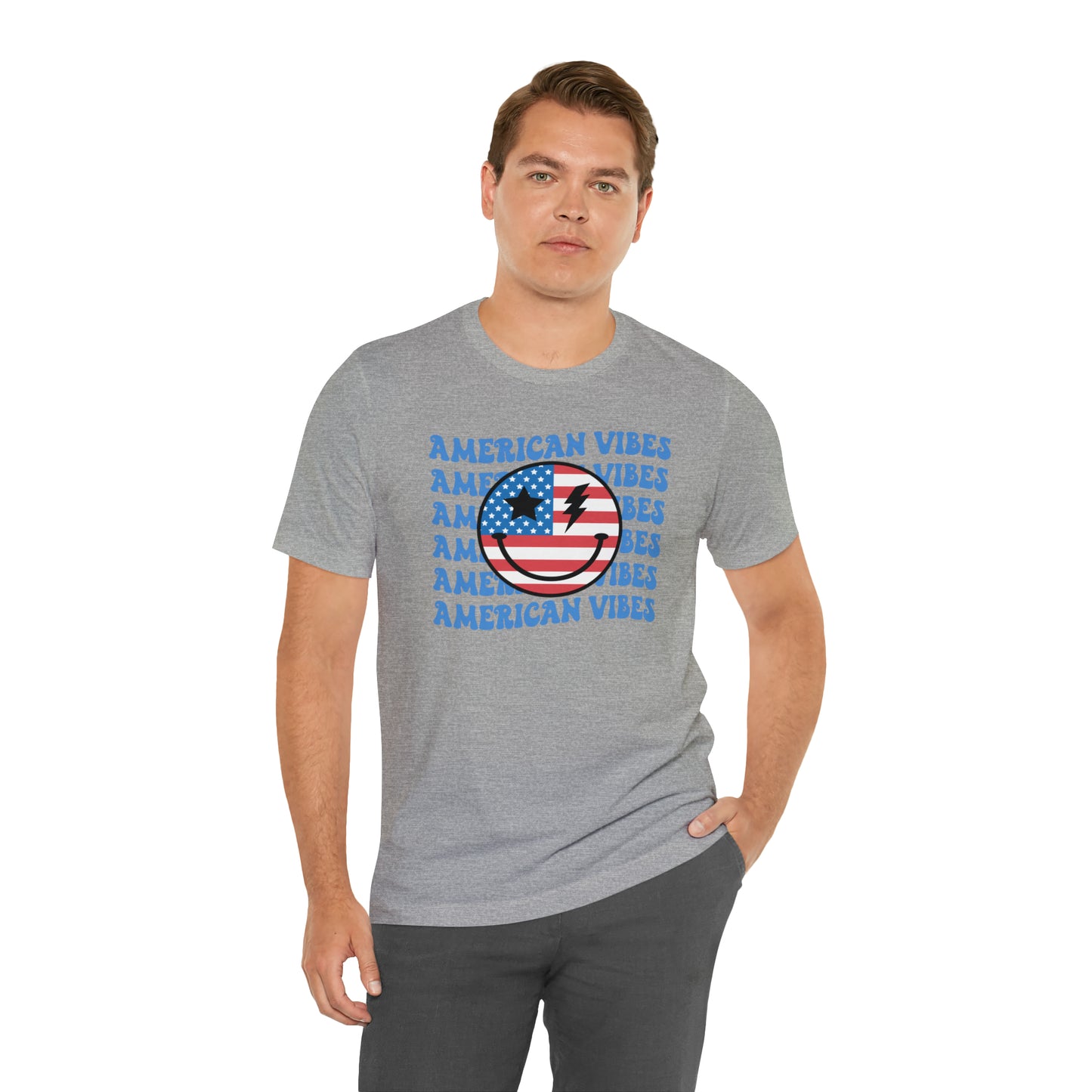 USA American Vibes American Flag Smiley Face Unisex Jersey Short Sleeve Tee