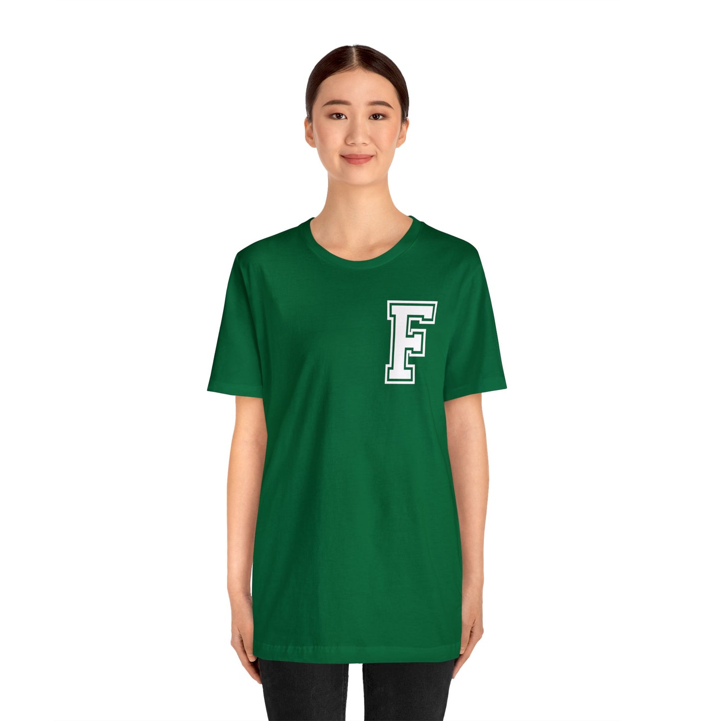 Front and Back Design - Varsity F Vertical Freeburg Midgets Logo Bella Jersey Short Sleeve Tee (Unisex)
