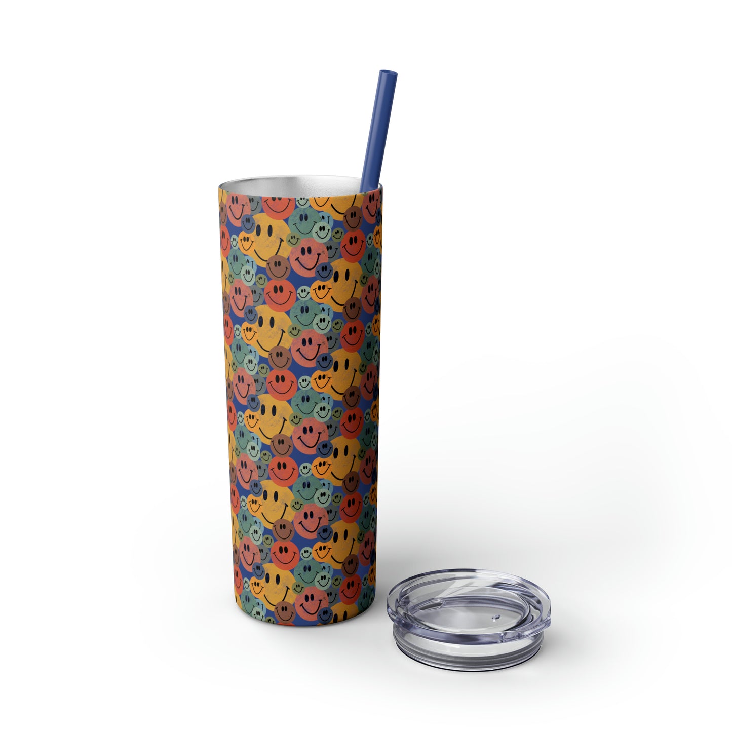Old School Smiley Face Stickers Patterned Skinny Tumbler with Straw, 20oz