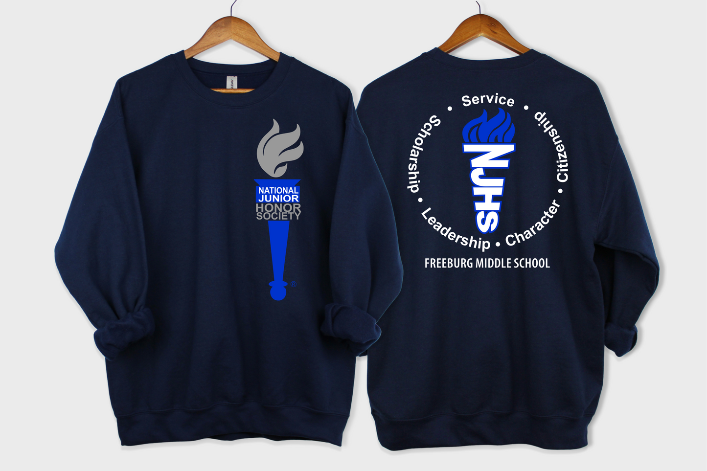 YOUTH - Front and Back Design - National Junior Honor Society Royal Torch (front) and Circular Character Torch (back) Youth Crewneck Sweatshirt