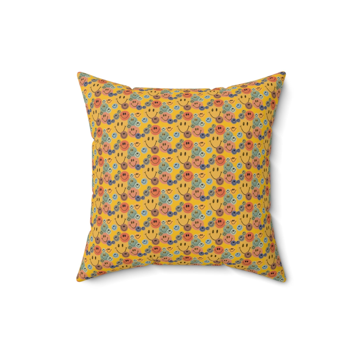 Yellow Boho Retro Rustic Colored Smiley Face Pattern Spun Polyester Square Pillow