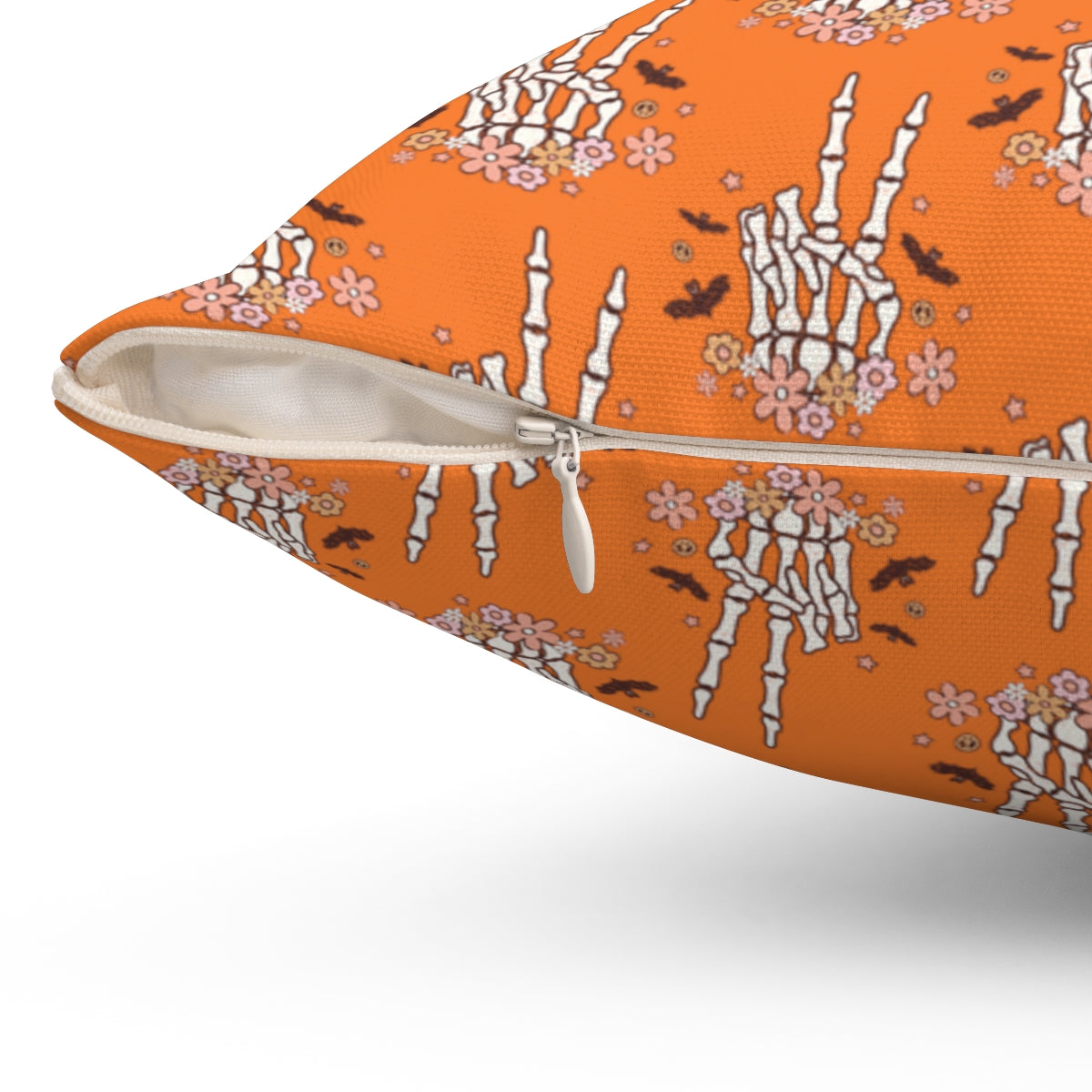 Orange Boho Skeleton Hand Peace Sign Pattern Fall Halloween Spun Polyester Square Pillow
