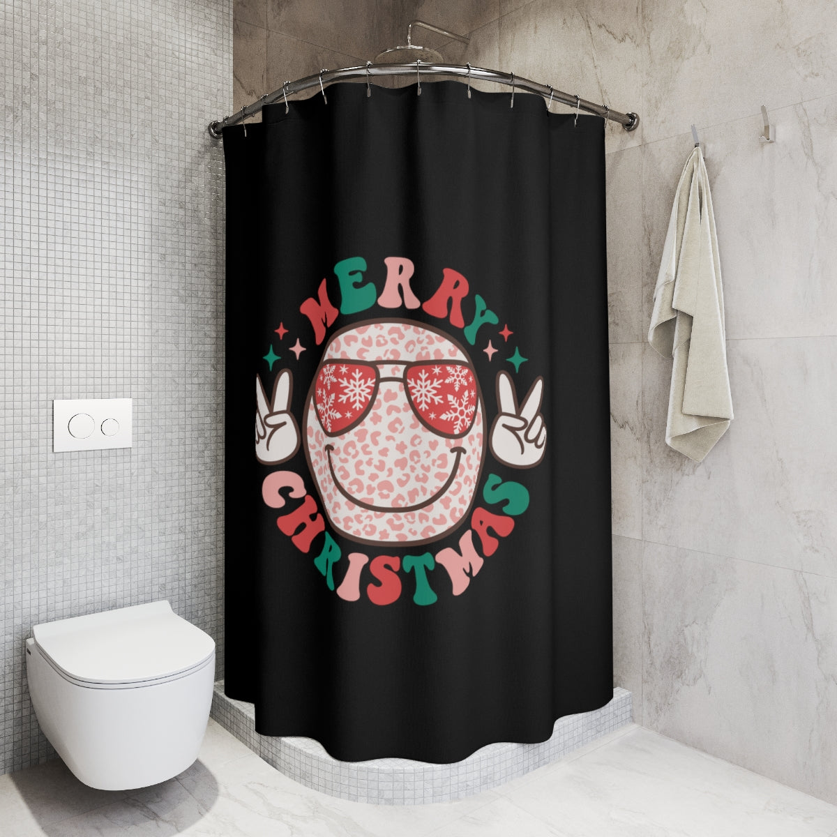 Merry Christmas Colorful Smiley Face with Peace Sign Polyester Shower Curtain
