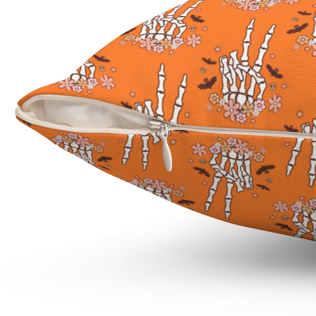 Orange Boho Skeleton Hand Peace Sign Pattern Fall Halloween Spun Polyester Square Pillow