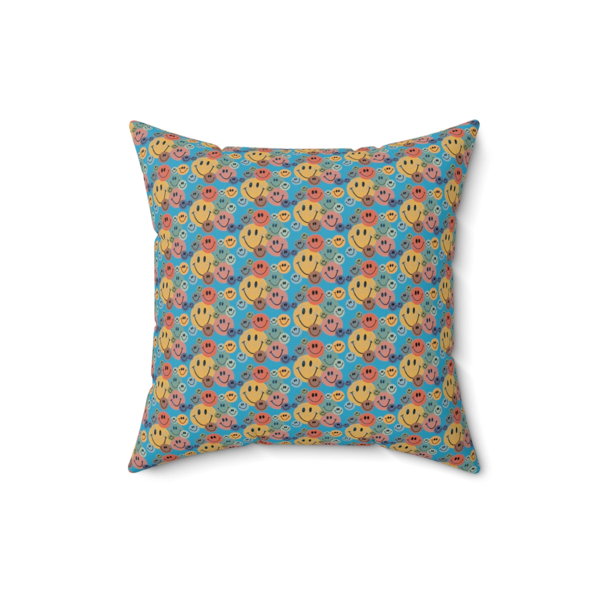 Turquoise Boho Retro Rustic Colored Smiley Face Pattern Spun Polyester Square Pillow