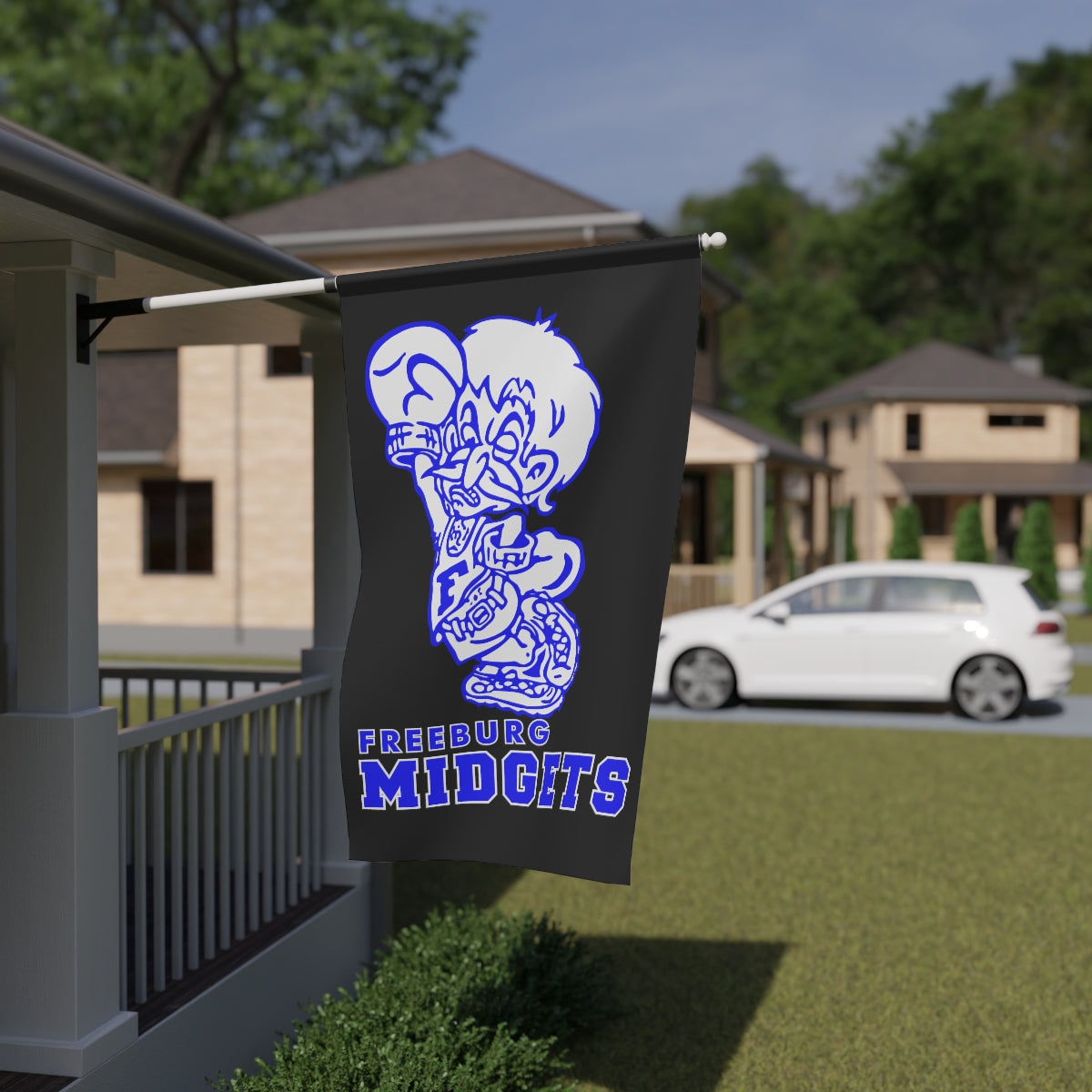 Black with Blue Print Freeburg Midget House Banner
