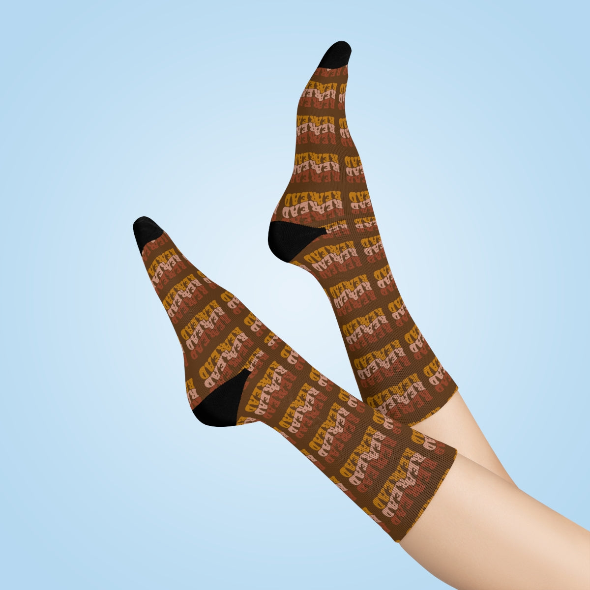 Light Brown "Read Read Read" Pattern Crew Socks