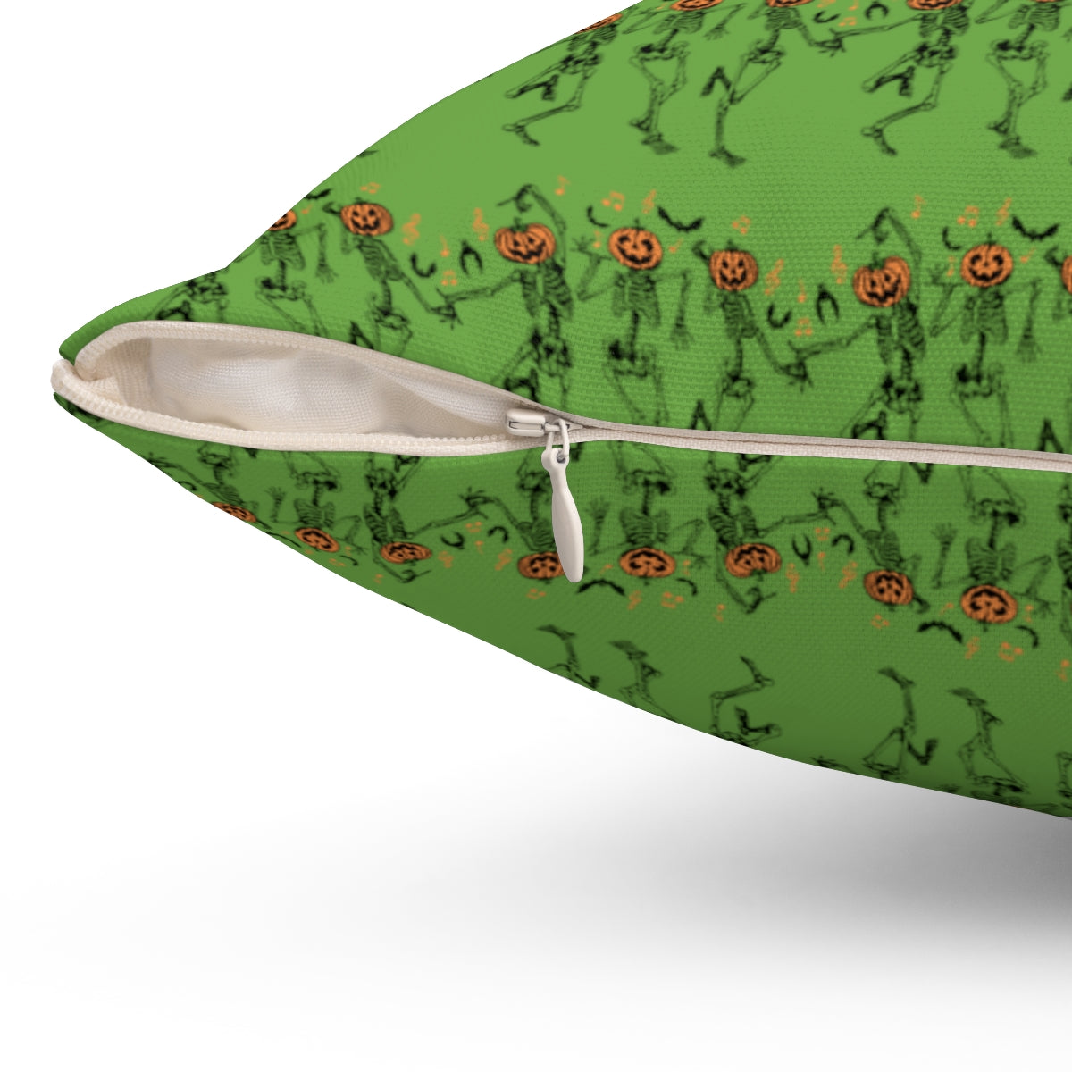 Green Dancing Pumpkin Head Skeletons Pattern Fall Halloween Spun Polyester Square Pillow