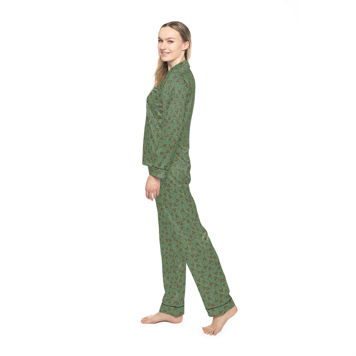 Rustic Green Reindeer Women's Satin Pajamas (AOP)