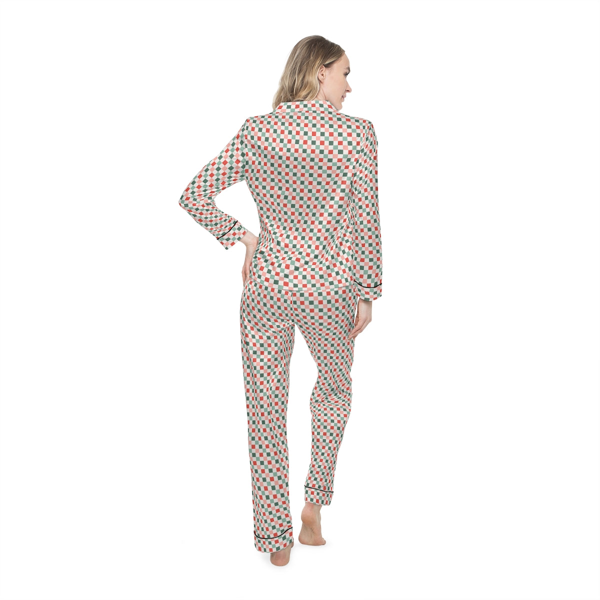 Christmas Checkerboard Pattern Women's Satin Pajamas (AOP)