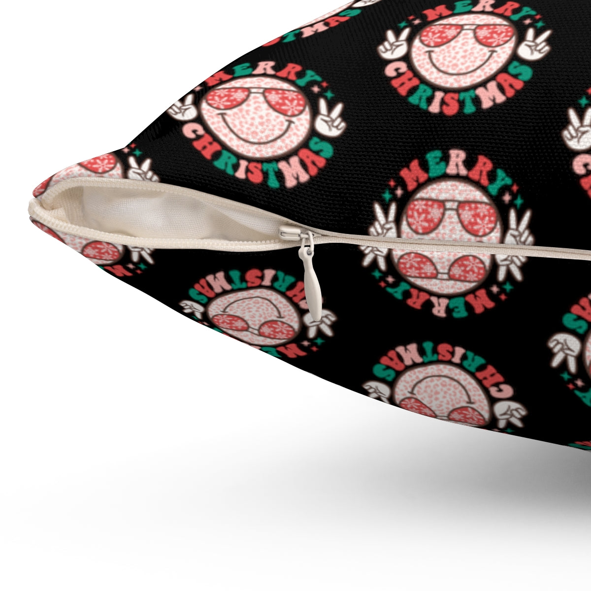 Retro "Merry Christmas" Smiley Face Emoji with Peace Sign Pattern Fall Halloween Spun Polyester Square Pillow