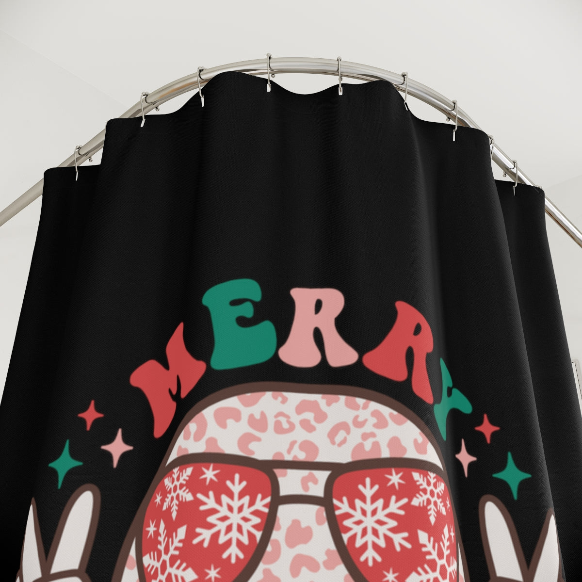 Merry Christmas Colorful Smiley Face with Peace Sign Polyester Shower Curtain