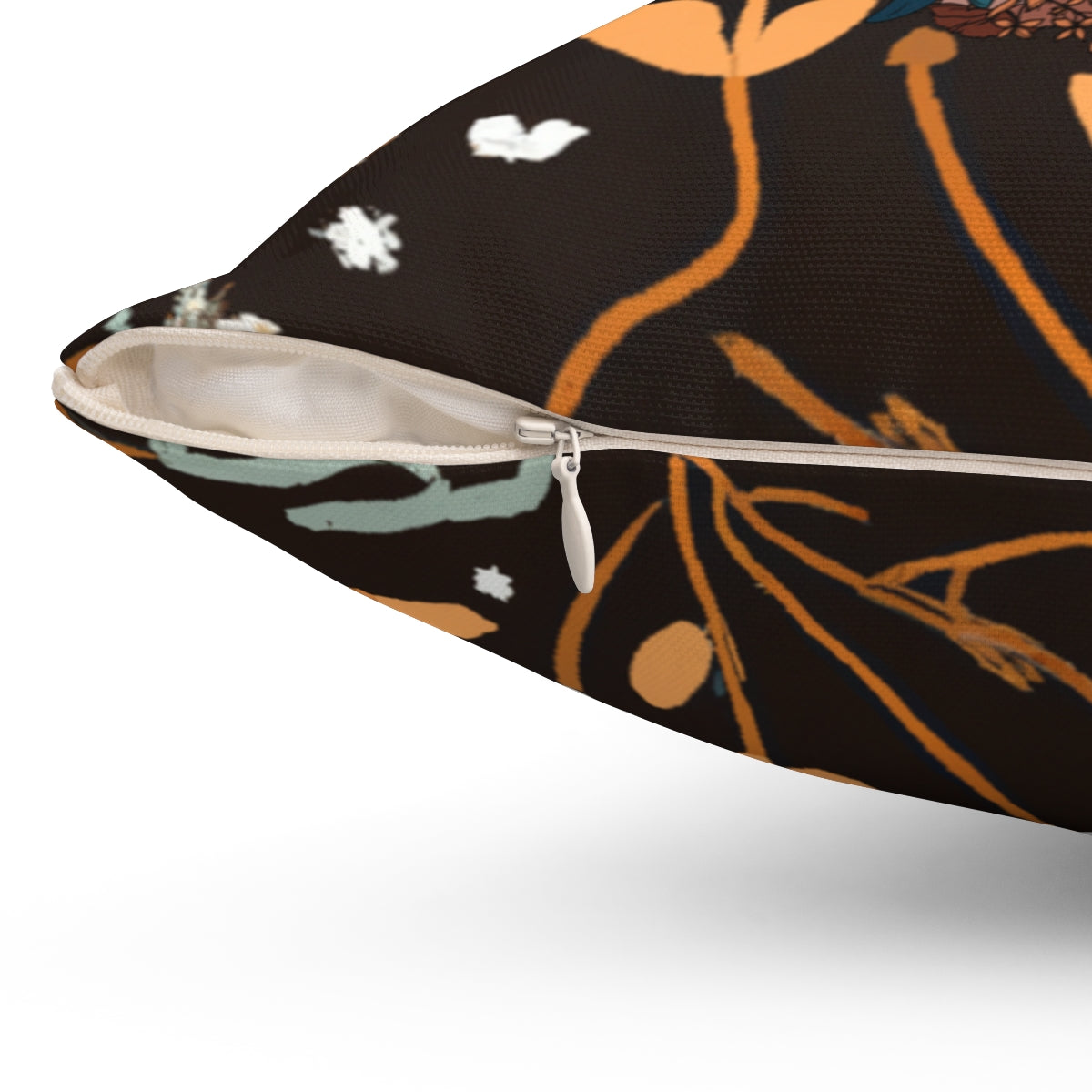Boho Floral Skull - Orange Flowers Backdrop Fall Halloween Spun Polyester Square Pillow