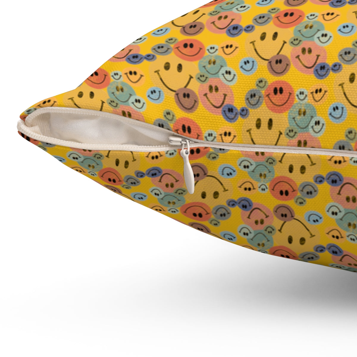 Yellow Boho Retro Rustic Colored Smiley Face Pattern Spun Polyester Square Pillow