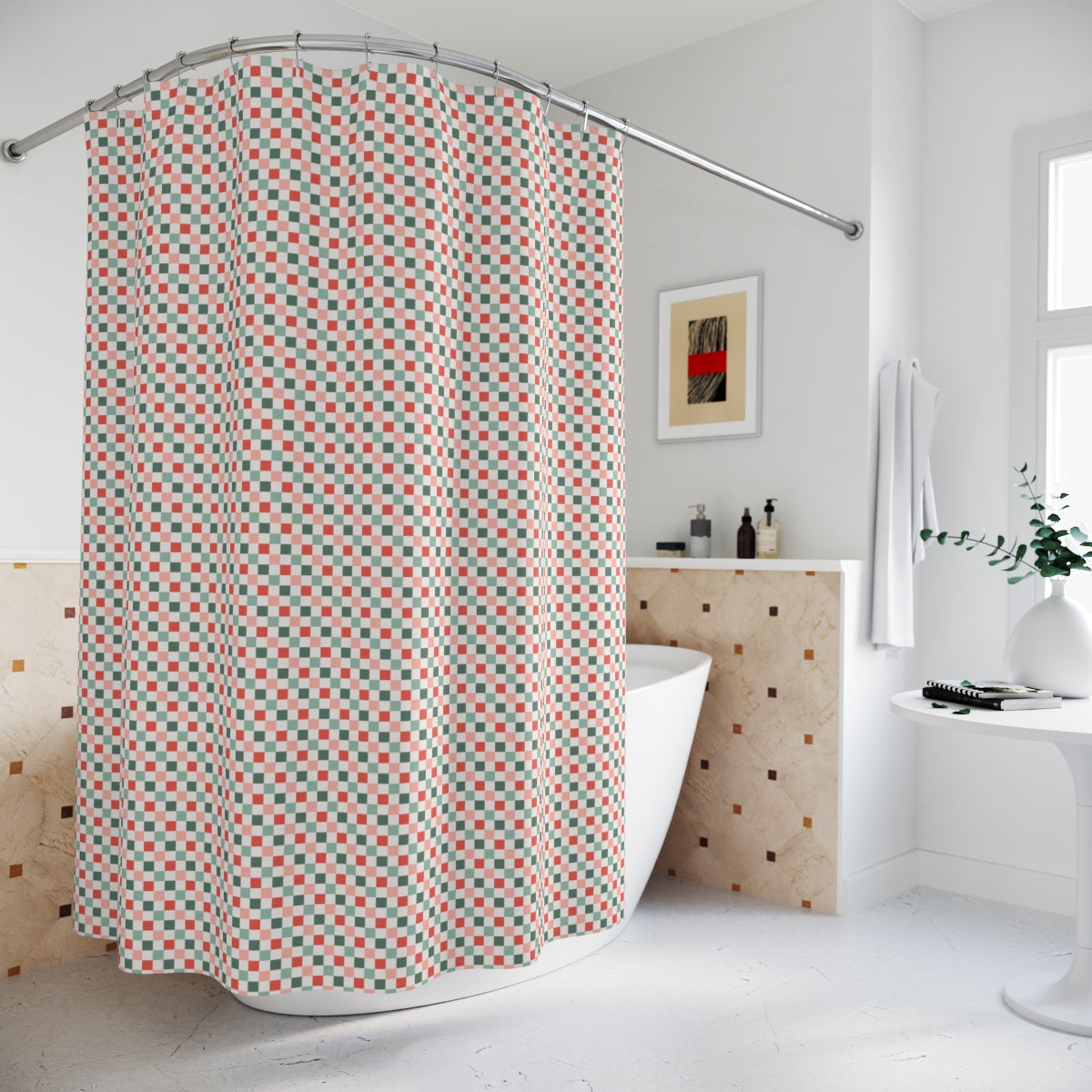 Christmas Checkerboard Pattern Polyester Shower Curtain