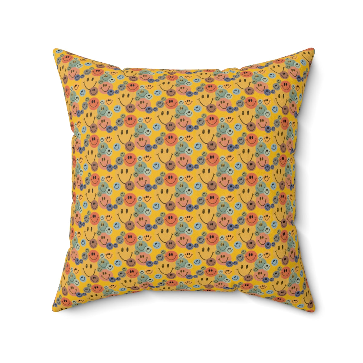 Yellow Boho Retro Rustic Colored Smiley Face Pattern Spun Polyester Square Pillow