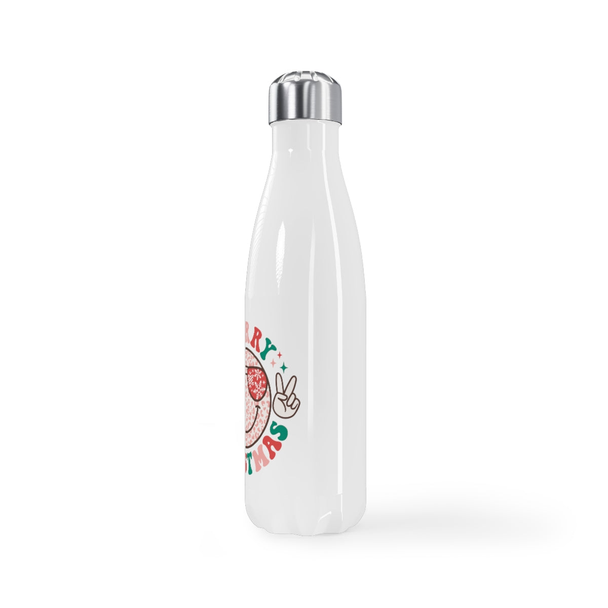 Merry Christmas Colorful Smiley Face with Peace Sign Stainless Steel Water Bottle, 17oz